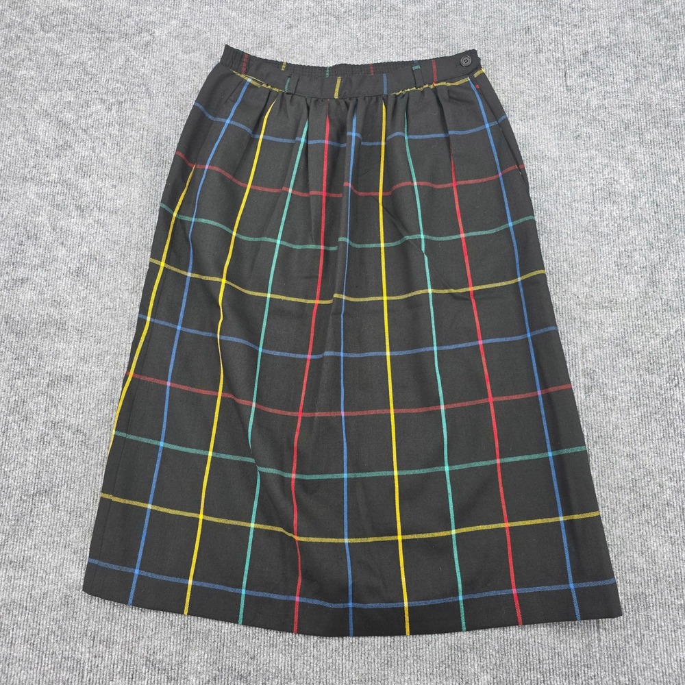 Summit Sportwear Vintage Black Rainbow Plaid Midi Skirt Button Waist A-Line